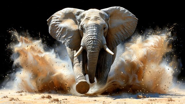An elephant running through the desert, kicking up a sandstorm