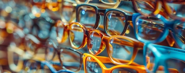 Macro shot of various sunglasses on display, showcasing different styles and colors