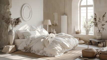 Fototapeta na wymiar 3D rendering of cozy bedroom with neutral decor and soft bedding