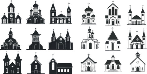 Christian churches set. Line, silhouette and flat style church