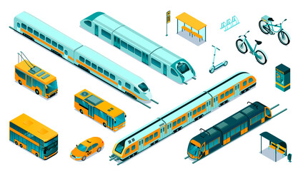 Isometric public transport set with different types of vehicles