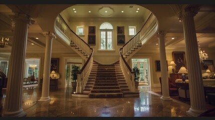 Colonial mansion with a grand staircase.