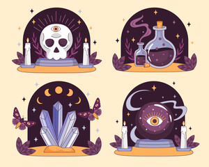 Magic and witchcraft compositions in hand drawn style