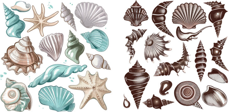 Sea shells and pearl seashell silhouettes