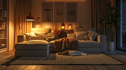 3D rendering of cozy living room with comfortable sofa and warm lighting