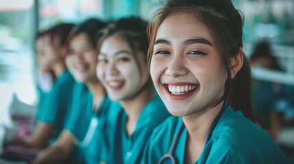 Group of smiling young female nurses in teal uniforms. Healthcare professionals and team spirit concept