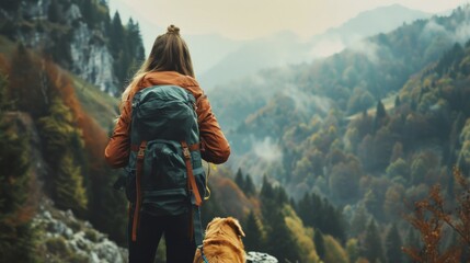 girl standing on a mountain top with her dog looking at the view