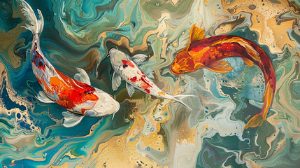 Abstract fluid expression koi fish swimming in water, Asian feng shui illustration, Aesthetics colorful nature inspirational tenderness illustration, oil paint, Wall decoration photo, Generated AI.