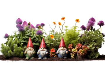 The Enchanted Gathering of Garden Gnomes. On a White or Clear Surface PNG Transparent Background.