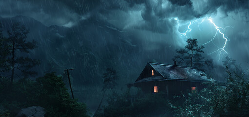 he storm rages outside, inside a secluded cabin, a group of travelers find themselves trapped. - obrazy, fototapety, plakaty