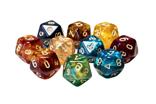 Rainbow Symphony: A Collection of Vibrant Poly Dice. On a White or Clear Surface PNG Transparent Background. - Powered by Adobe