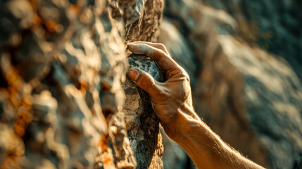 A hand with talcum powder while climbing reaches for a hold in the rock