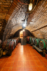 Wine cellars with barrels in Ivan, Southern Moravia, Czech Republic