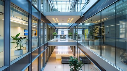 Contemporary office building interior with glass walls.