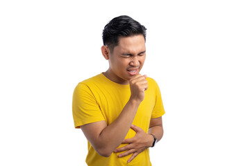 Unhealthy young Asian man suffering from throat irritation and cough isolated on white background