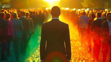 A man in a suit stands facing a crowd of people walking towards a glowing sunset