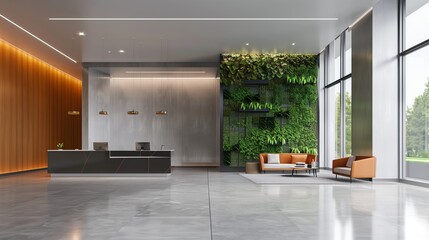 Contemporary office lobby with minimalist furniture and a living plant wall.