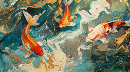 Abstract fluid expression koi fish swimming in water, Asian feng shui illustration, Aesthetics colorful nature inspirational tenderness illustration, oil paint, Wall decoration photo, Generated AI.