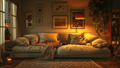 3D rendering of cozy living room with comfortable sofa and warm lighting