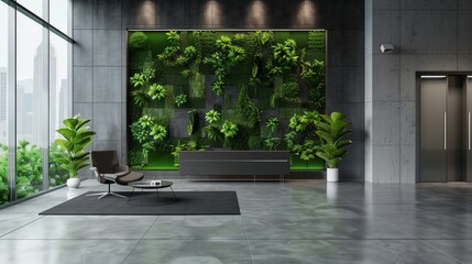 Contemporary office lobby with minimalist furniture and a living plant wall.