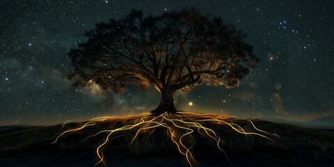 Against the backdrop of a twinkling night sky, the silhouette of a sturdy tree is illuminated by its own luminous deep roots, intertwining with electrical cables, portraying the in