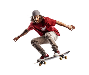 A male skateboarder doing tricks, isolated on a white background, shows an urban lifestyle and sport. Generative AI