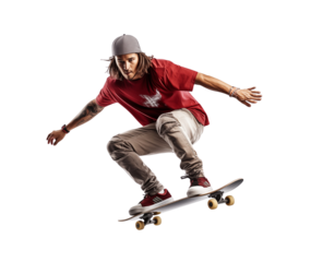 A male skateboarder doing tricks, isolated on a white background, shows an urban lifestyle and sport. Generative AI