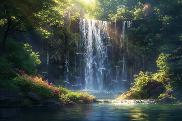 Sunlit waterfall in a lush green forest with blooming flowers and tranquil pond ,generative ai