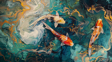 Abstract fluid expression koi fish swimming in water, Asian feng shui illustration, Aesthetics colorful nature inspirational tenderness illustration, oil paint, Wall decoration photo, Generated AI.