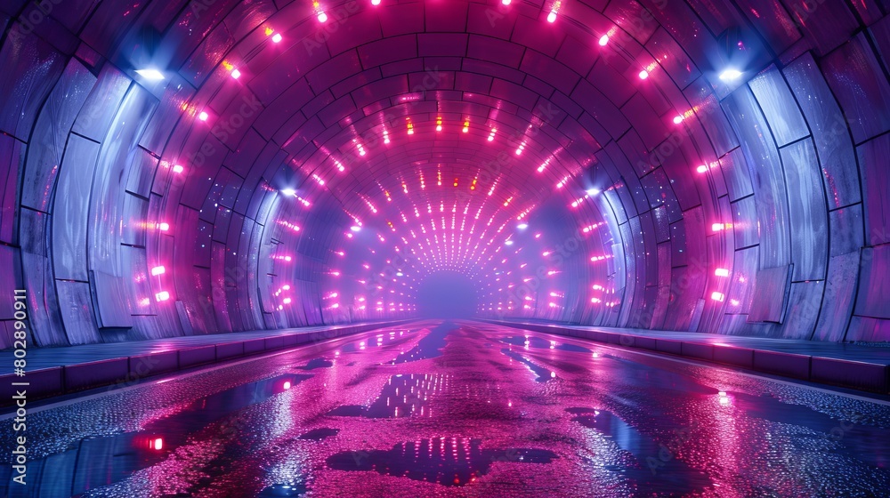 Wall mural 3d rendering of curved tunnel with led glowing lights on ceiling and reflection from puddle on wet d