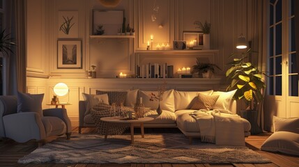 3D rendering of cozy living room with neutral decor and warm lighting