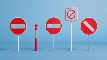 3D representations of prohibition signs, indicating danger or safety cautions. Vector illustration of warning symbols for no entry and prohibited activities.