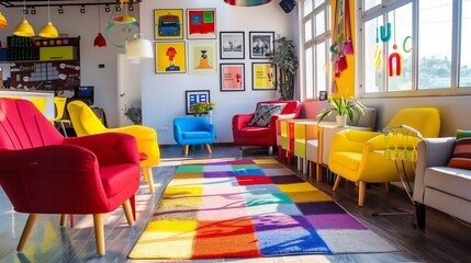 Creative design studio with colorful furniture and inspirational quotes.