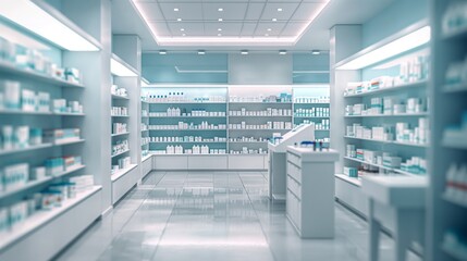 A pharmacy displaying plentiful products on shelves in a commercial building