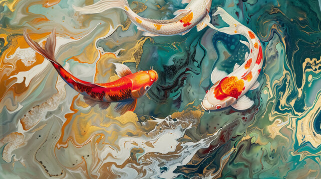 Abstract fluid expression koi fish swimming in water, Asian feng shui illustration, Aesthetics colorful nature inspirational tenderness illustration, oil paint, Wall decoration photo, Generated AI.