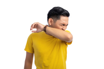 Unhealthy young Asian man suffering from throat irritation and cough isolated on white background