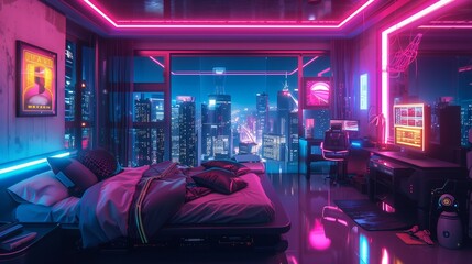 Cyberpunk Neon City Bedroom