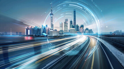 A road on the highway, with the city skyline in the background, showing motion blur of cars driving fast with futuristic technology elements around it