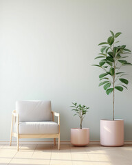 A minimalist living room with pastel walls and a single green plant, creating a serene and stylish space that emphasizes simplicity and calm.