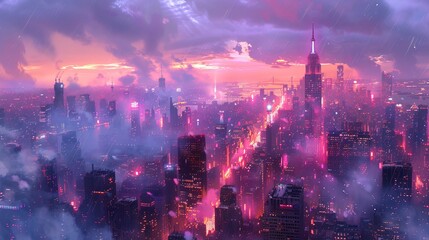 Obraz premium Cyberpunk neon city night. Futuristic city scene in a style of cyberpunk art. Retro future illustration. Urban scene. Digital art painting for book illustration,background wallpaper, concept art
