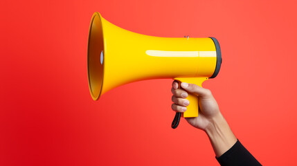 A person holding a megaphone, clad in a red sleeve, against a vivid yellow background, making an urgent public announcement. - obrazy, fototapety, plakaty