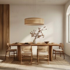 3D rendering of elegant dining room with minimalist decor and wooden furniture