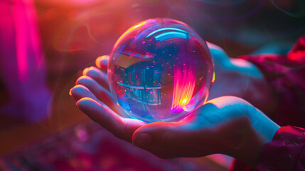 Hand of a young woman holding a transparent glass or crystal sphere