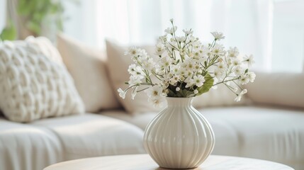 White ceramic vase with delicate baby's breath on a wooden table against a soft blue wall. Cozy home interior.