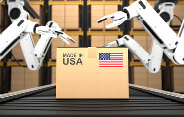 The robot arm is working in the factory, Product is made in the USA. 3D illustration