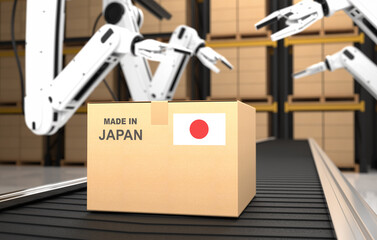 The robot arm is working in the factory, Product is made in Japan. 3D illustration