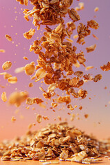 Fresh Granola flakes falling in the air on pink background. Food zero gravity conception.