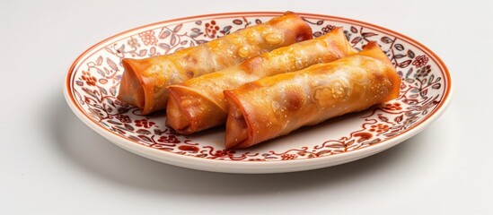 Chinese Traditional Spring rolls served on a ceramic plate with an elegant design, set against a white backdrop.