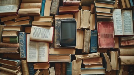 E-reader resting among piles of hardcover books, representing the fusion of traditional reading and modern technology