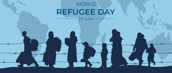 Horizontal banner with silhouettes of refugees. World Refugee Day. Vector illustration.